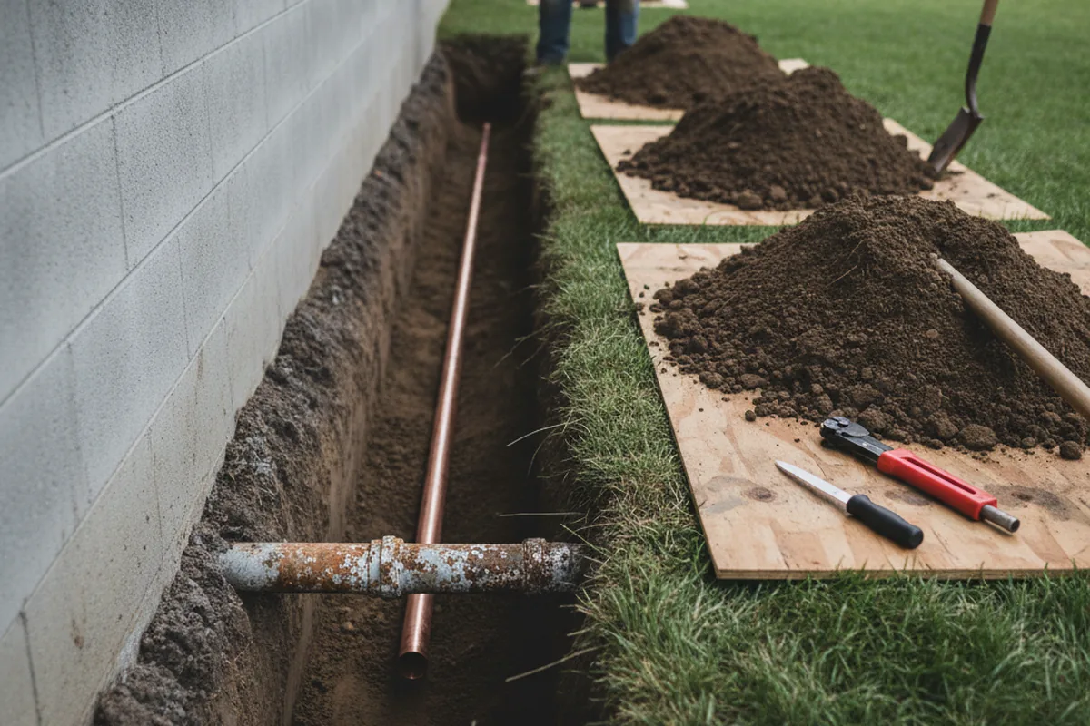 Excavated water line trench during Sewer Line Repair in Hallett